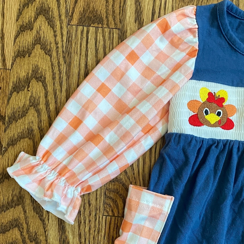 Blue with orange/white check sleeves football/turkey ruffle shirt, size 12-18 M - Picture 3 of 12